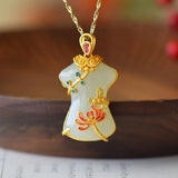 Natural Hetian Jade Cheongsam Pendant S925 Sterling Silver Inlaid Jade Cheongsam