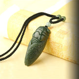 Hand-Carved Natural Hetian Jade Cicada Pendant Necklace Charm for Men Women