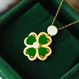 Nat. Hetian Jade Clover Pendant Necklace 925 Silver for Women
