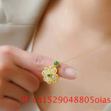Nat. Hetian Jade Clover Pendant Necklace 925 Silver for Women