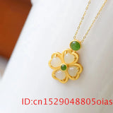 Nat. Hetian Jade Clover Pendant Necklace 925 Silver for Women