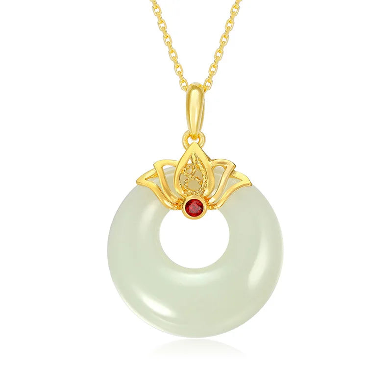 Hetian Jade Donuts Pendant 925 Silver Necklace Chalcedony Amulet Jewelry