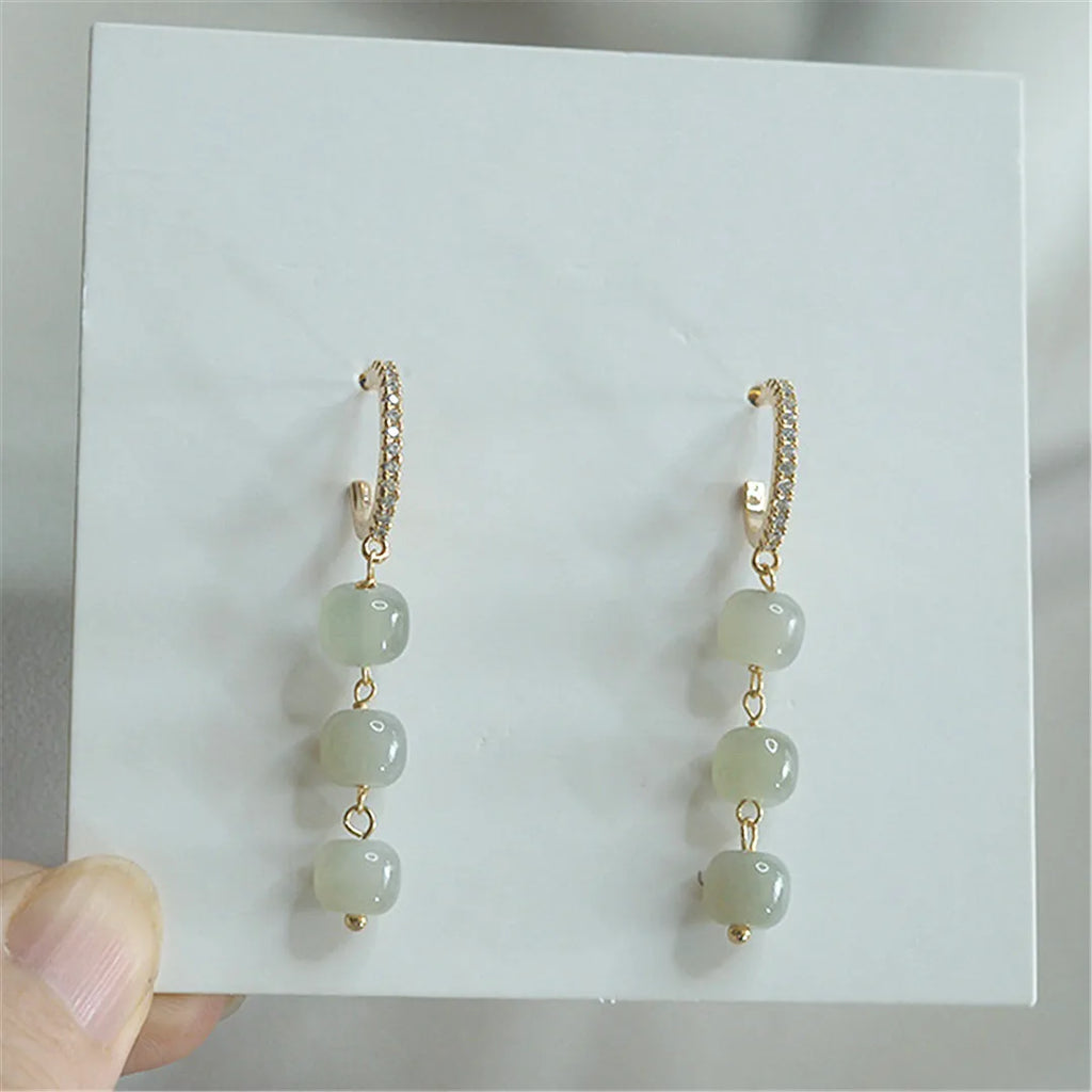 Hetian Jade Earrings 925 Silver Chinese Style Zircon Gem Jewelry