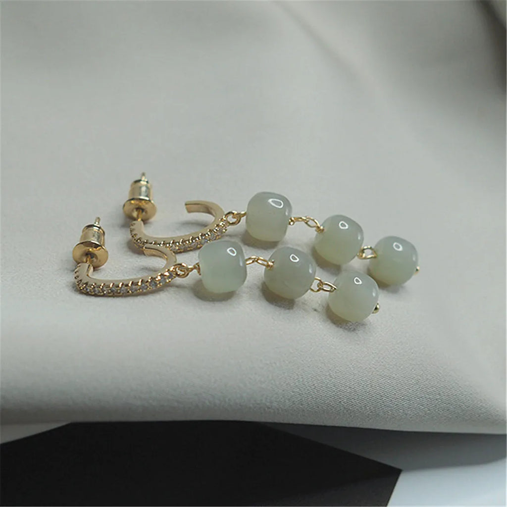 Hetian Jade Earrings 925 Silver Chinese Style Zircon Gem Jewelry