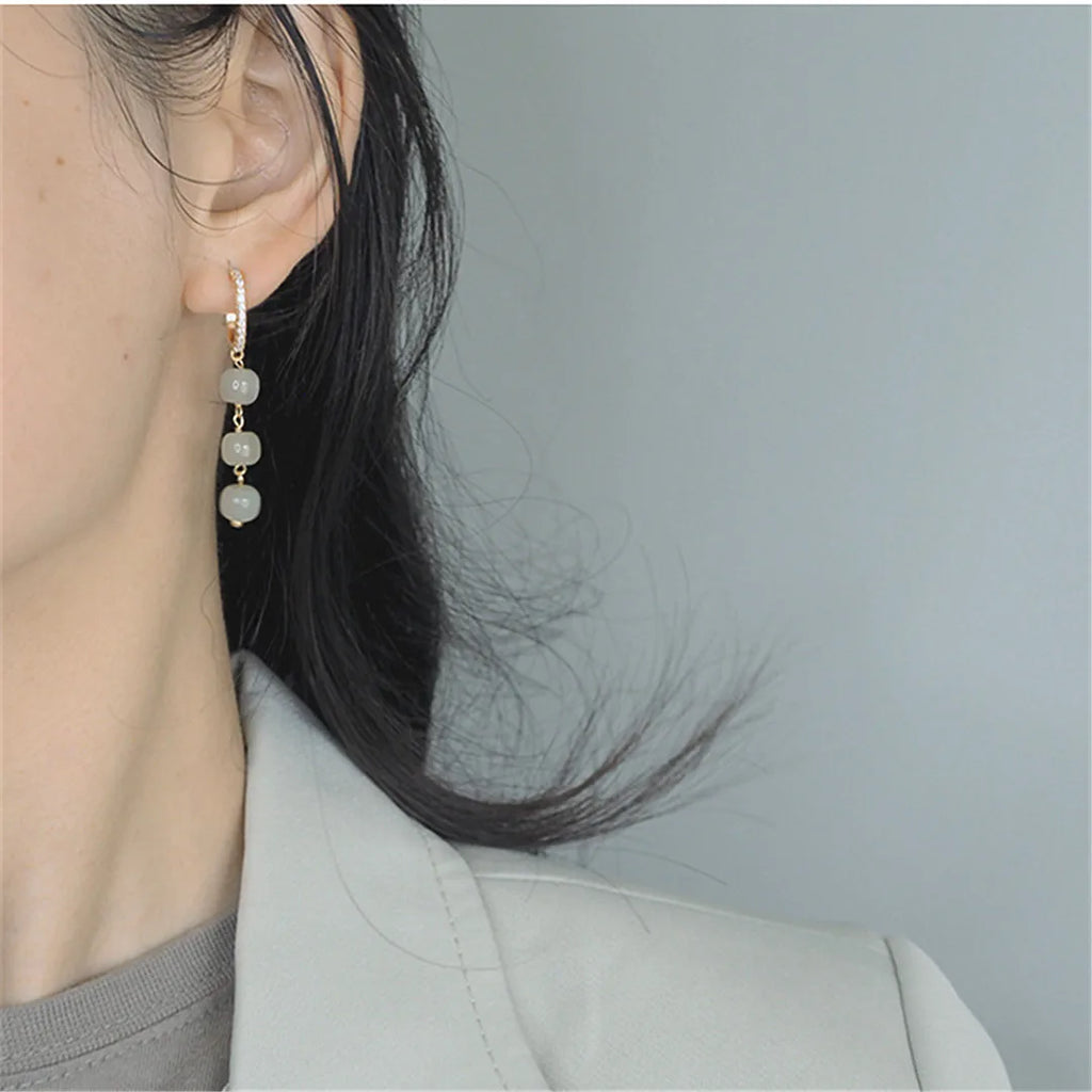 Hetian Jade Earrings 925 Silver Chinese Style Zircon Gem Jewelry