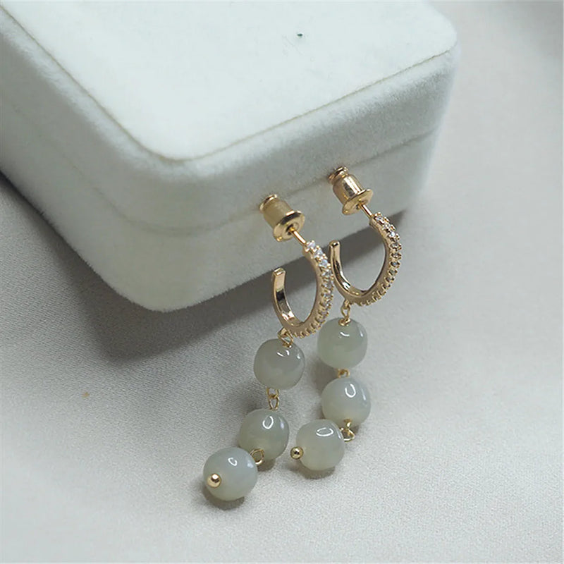 Hetian Jade Earrings 925 Silver Chinese Style Zircon Gem Jewelry