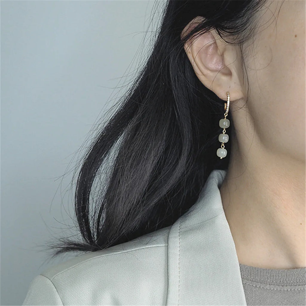 Hetian Jade Earrings 925 Silver Chinese Style Zircon Gem Jewelry