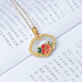 Hetian Jade Enamel Flower Pendant Retro Style Jewelry
