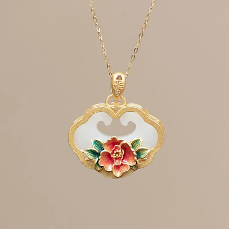 Hetian Jade Enamel Porcelain Flower Ladies Pendant Retro Palace Style Jewelry