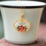 Hetian Jade Enamel Flower Pendant Retro Style Jewelry