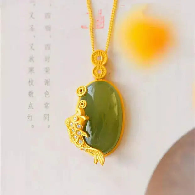 Hetian Jade Gray Jade Carp Pendant Necklace S925 Sterling Silver Vintage Jewelry