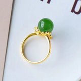Hetian Jade Green Jade Ball Ring Spinach Green Sterling Silver Inlaid Pearl