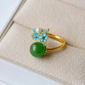 Hetian Jade Green Jade Ball Ring Spinach Green Sterling Silver Inlaid Pearl