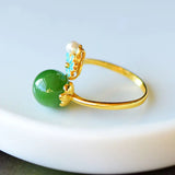 Hetian Jade Green Jade Ball Ring Spinach Green Sterling Silver Inlaid Pearl