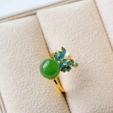 Hetian Jade Green Jade Ball Ring Spinach Green Sterling Silver Inlaid Pearl
