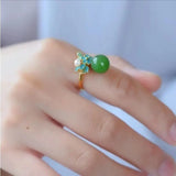 Hetian Jade Green Jade Ball Ring Spinach Green Sterling Silver Inlaid Pearl