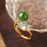 Hetian Jade Green Jade Ball Ring Spinach Green Sterling Silver Inlaid Pearl