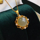 Green Jade Pendant S925 Sterling Silver Ancient Style Round Jade Vintage Palace