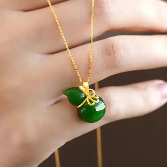 Hetian Jade Green Jade Pendant Gourd S925 Silver Pendant Women's Necklace