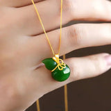 Hetian Jade Green Jade Pendant Gourd S925 Silver Pendant Women's Necklace
