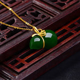 Hetian Jade Pendant Gourd Green Jade S925 Silver Women's Necklace