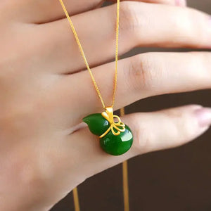 Hetian Jade Pendant Gourd Green Jade S925 Silver Women's Necklace