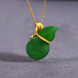 Hetian Jade Pendant Gourd Green Jade S925 Silver Women's Necklace