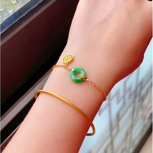 Natural Hetian Jade Green Jade Safeness Ring Bracelet S925 Sterling Silver