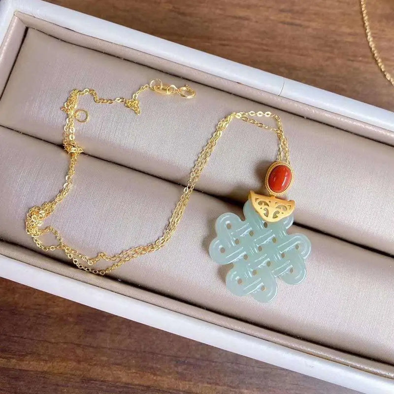 Hetian Jade Hollow Carved Knot Pendant Ruyi Jade Necklace