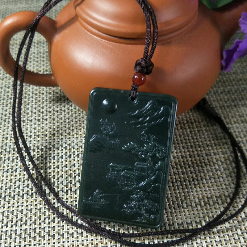 Natural Hetian Jade Landscape Painting Carved Pendant Lucky Amulet