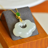 Hetian Jade Longevity Lock Pendant Yusha Inlaid Necklace