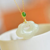 Hetian Jade Longevity Lock Pendant Yusha Inlaid Necklace