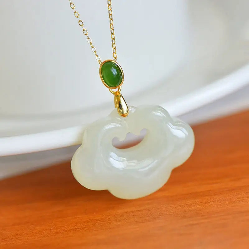 Hetian Jade Longevity Lock Pendant Yusha Inlaid Necklace
