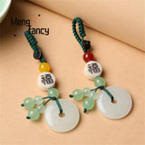 Natural Hetian Jade Lucky Amulet Keyring Peace Buckle Pendant Mascots
