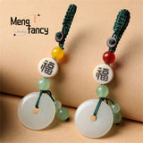 Natural Hetian Jade Lucky Amulet Keyring Peace Buckle Pendant Mascots