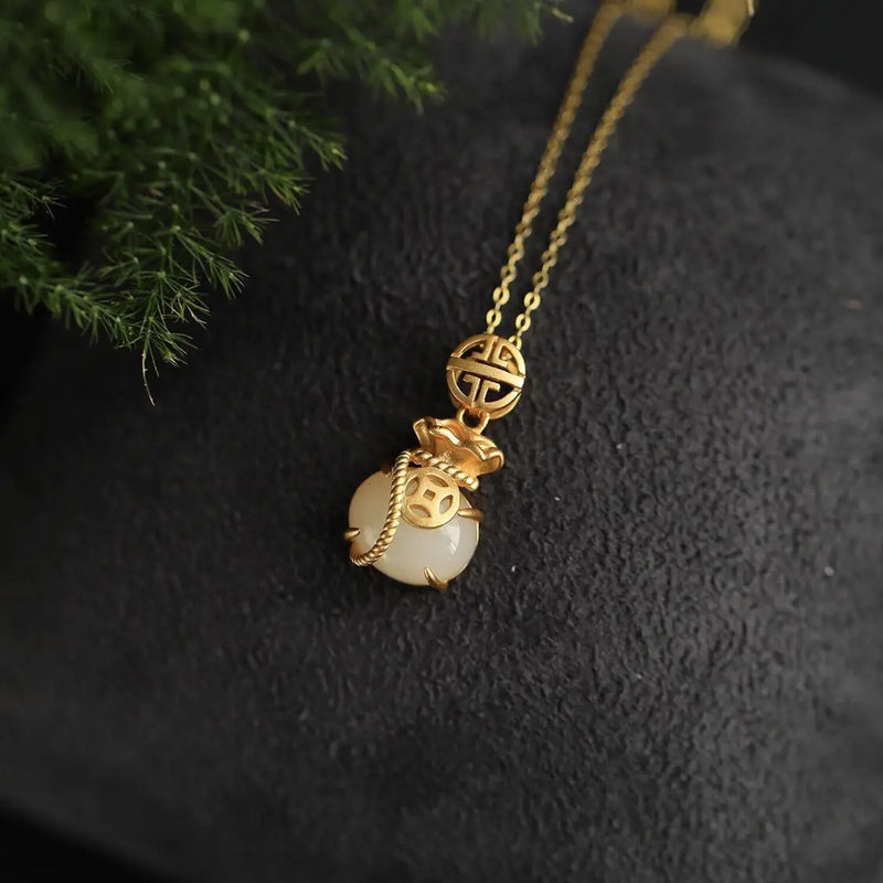 Hetian Jade Lucky Bag Pendant S925 Sterling Silver Ancient Gilding Women's Neckl