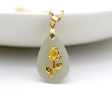 Hetian Jade Necklace 24k Inlaid Rose Flower Pendants Couple Water Drop Jewelry