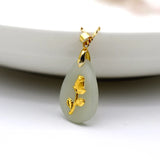 Hetian Jade Necklace 24k Inlaid Rose Flower Pendants Couple Water Drop Jewelry