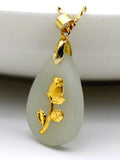 Hetian Jade Necklace 24k Inlaid Rose Flower Pendants Couple Water Drop Jewelry