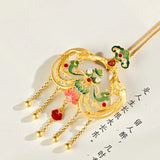 Hetian Jade Phoenix Pendant Necklace Enamel Porcelain Tassel Flower Silver Jewel