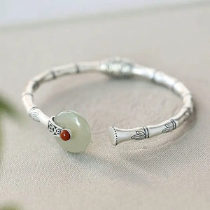 Women's Hetian Jade Peace Buckle Bamboo Bracelet S925 Silver Craft
