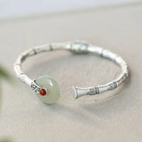 Women's Hetian Jade Peace Buckle Bamboo Bracelet S925 Silver Craft