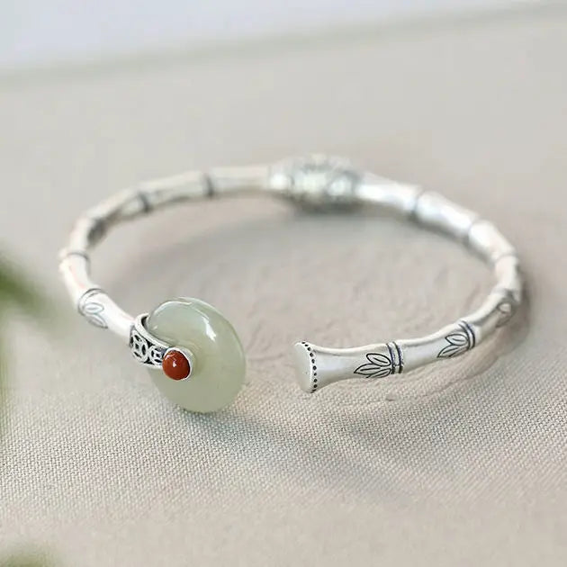 Women's Hetian Jade Peace Buckle Bamboo Bracelet S925 Silver Craft