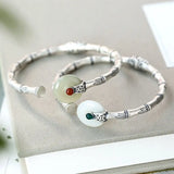 Women's Hetian Jade Peace Buckle Bamboo Bracelet S925 Silver Craft
