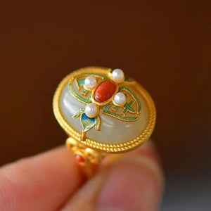 Natural Hetian Jade Pearl Ring S925 Sterling Silver Vintage Court Style