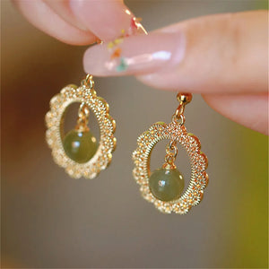 Vintage Green Hetian Jade Pendant Earrings