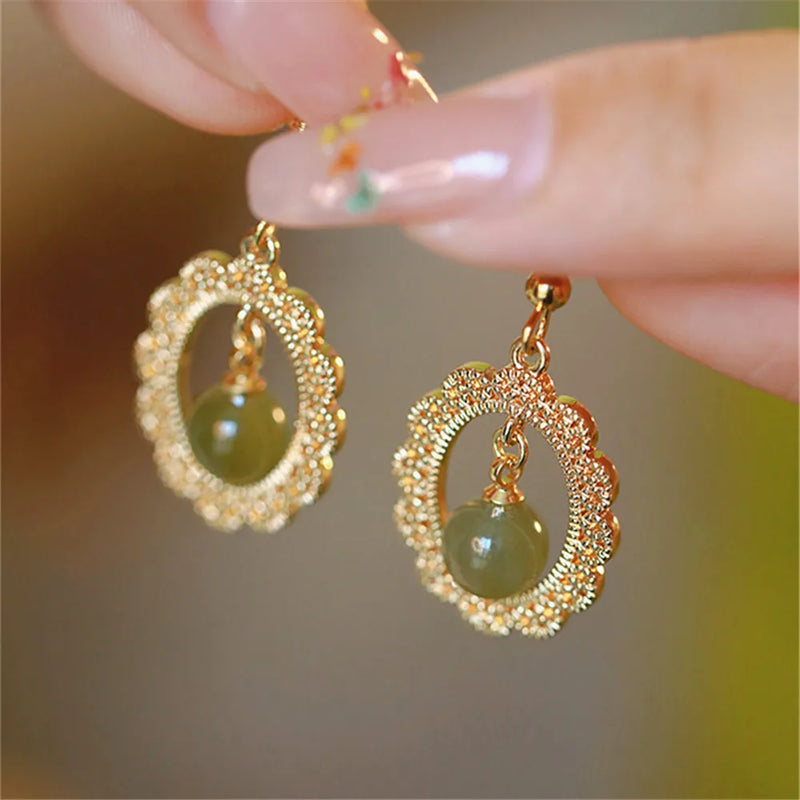 Vintage Green Hetian Jade Pendant Earrings