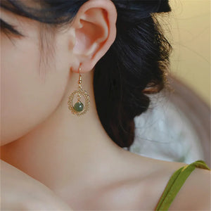 Vintage Green Hetian Jade Pendant Earrings