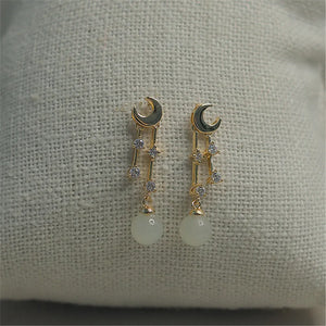 Natural Hetian Jade Pendant Earring 925 Sterling Silver Ear Needle Moon Gilded