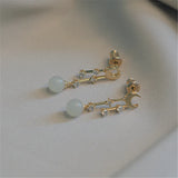 Natural Hetian Jade Pendant Earring 925 Sterling Silver Ear Needle Moon Gilded